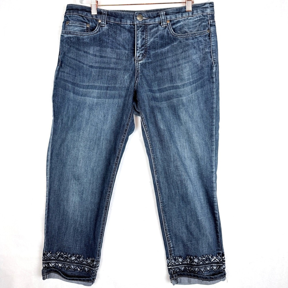 Christopher & Banks 14P Petite Embroidered Sequin Crop Jeans Stretch Ankle Denim